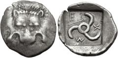 Greek DYNASTS of LYCIA. Mithrapata. Circa 390-370 BC. AR Sixth Stater – Diobol (13mm, 1.36 g). Phellos(?) mint. Lion scalp facing / Triskeles; M - E - X around, arrow in one section; all within incuse