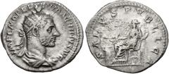 Roman Imperial Macrinus. AD 217-218. AR Antoninianus (22.5mm, 4.28 g, 6h). Rome mint, 4th officina. 1st emission, AD 217. Radiate and cuirassed bust right, wearing short beard / Salus seated left on t