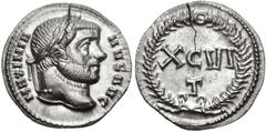 Roman Imperial Maximianus. First reign, AD 286-305. AR Argenteus (18mm, 3.05 g, 12h). Ticinum mint. Struck circa AD 300. Laureate head right / XCVI / T in two lines within wreath. RIC VI 20b; Jeločnik