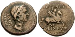 CORINTHIA, Corinth. Julius Caesar. 44/3 BC. Æ As (23mm, 8.78 g, 3h). L. Aeficius Certus and C. Iulius, duoviri. Laureate head of Julius Caesar right / Bellerophon on Pegasus right, hurling javelin. RP