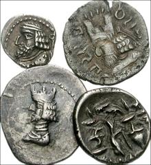 ORIENTAL GREEK. Kings of Persis. Miscellaneous AR. Includes: Artaxerxes (Ardaxshir) II. Late 1st century BC. AR Hemidrachm. Alram 571 // Oxathres (Vahsir). Late 1st century BC. AR Hemidrachm. Alram 58