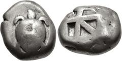 Greek ISLANDS off ATTICA, Aegina. Circa 525-480 BC. AR Stater (16.5mm, 12.18 g, 3h). Sea turtle, head in profile, [with trefoil collar] / Small incuse square with skew pattern. Meadows, Aegina, Group 