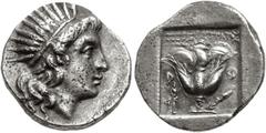 Greek ISLANDS off CARIA, Rhodos. Rhodes. Circa 188-170 BC. AR Drachm (14.5mm, 2.84 g, 12h). 'Plinthophoric' coinage. Peisistratos, magistrate. Radiate head of Helios right / Rose with bud to right; ΠE