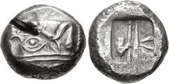 Greek LYCIA, Phaselis. Circa 530-500 BC. AR Stater (20mm, 10.87 g). Prow of galley right, terminating in a boar's forepart; [below, dolphin right] / Incuse square divided by two bands, with Λ-shaped f