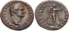 Roman Imperial Titus. As Caesar, AD 69-79. Æ As (26mm, 9.89 g, 6h). Rome mint. Struck under Vespasian, AD 72. Laureate head right / VICTORIA N AVALIS, S C across field, Victory standing right on prow 
