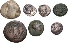 Large Lots GREEK. Magna Graecia & Sicily. Lot of seven (7) silver and bronze issues. Includes: LUCANIA, Heraklea. AR Diobol (1) // Æ (3) // LUCANIA, Thourioi. AR Sixth Stater // LUCANIA, Velia. AR Dra