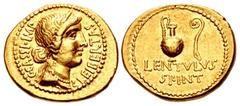 Merani Collection – Roman Republican The Republicans. C. Cassius Longinus. Spring 42 BC. AV Aureus (21.5mm, 8.18 g, 6h). Military mint, probably at Smyrna; P. Lentulus Spinther, legate. Diademed head 