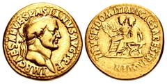 Merani Collection – Roman Imperial Vespasian, with Titus and Domitian as Caesares. AD 69-79. AV Aureus (18.5mm, 7.04 g, 7h). Lugdunum (Lyon) mint. Struck AD 71. IMP CAESAR VESPASIANVS • AVG TR P, laur