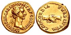 Merani Collection – Roman Imperial Nerva. AD 96-98. AV Aureus (18mm, 7.58 g, 7h). Rome mint. Struck AD 97. IMP NERVA CAES AVG P M TR P COS III P P, laureate head right / CONCORDIΛ EXERCITVVM, two clas