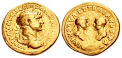 Merani Collection – Roman Imperial Trajan, with Trajan Pater and Nerva. AD 98-117. AV Aureus (20mm, 7.06 g, 6h). Rome mint. Struck circa mid AD 112-spring 113. IMP TRAIANVS AVG GER • DAC P M TR P COS 