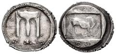 Greek BRUTTIUM, Kroton. Alliance issue with Pandosia. Circa 500-480 BC. AR Nomos (26.5mm, 7.94 g, 5h). Tripod, legs surmounted by wreaths and terminating in lion's feet, set on basis of three lines, t