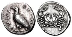 Greek SICILY, Akragas. Circa 510-495 BC. AR Didrachm (22mm, 8.86 g, 8h). Sea eagle standing left; retrograde AKRAC-ANTOΣ (partially retrograde) around / Crab. Westermark, Coinage, Period I, Group I, –