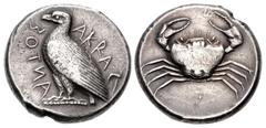 Greek SICILY, Akragas. Circa 465/0–445/0 BC. AR Tetradrachm (26mm, 17.41 g, 4h). Sea eagle standing left; AKRAC-ANTOΣ (partially retrograde) around / Crab within shallow incuse circle. Westermark, Coi