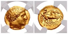 Greek KINGS of MACEDON. temp. Philip II – Alexander III. Circa 340/36-328 BC. AV Stater (17.5mm, 8.62 g, 10h). In the name and types of Philip II. Pella mint. Head of Apollo right, wearing laurel wrea