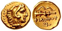 Greek KINGS of MACEDON. temp. Philip II – Alexander III. Circa 340/36-328 BC. AV Quarter Stater (11mm, 2.14 g, 10h). In the name and types of Philip II. Pella mint. Head of Herakles right, wearing lio
