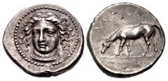 Greek THESSALY, Larissa. Circa 400-370 BC. AR Drachm (20.5mm, 6.29 g, 8h). Head of the nymph Larissa facing slightly left, wearing ampyx and necklace / Horse grazing left; ΛΑΡΙΣAI above. L-S Group 1, 