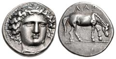 Greek THESSALY, Larissa. Circa 400-370 BC. AR Drachm (18.5mm, 6.07 g, 7h). Head of the nymph Larissa facing slightly right, wearing ampyx and necklace / Horse grazing right; ΛΑΡΙ above. L-S Group 4, H