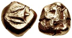 Greek MYSIA, Kyzikos. Circa 600-550 BC. EL Stater (20mm, 16.05 g). Head of tunny right; tunny left above and below / Quadripartite incuse square. Cf. Hurter & Liewald III 13 (unlisted denomination); c
