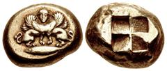 Greek MYSIA, Kyzikos. Circa 550-450 BC. EL Stater (19mm, 16.07 g). Double-bodied sphinx, with one head facing, wearing ouraios, atop a tunny left / Quadripartite incuse square. Cf. Von Fritze I 128 (u