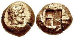 Greek MYSIA, Kyzikos. Circa 450-330 BC. EL Stater (18.5mm, 15.97 g). Head of Dionysos right, wearing diadem decorated with ivy wreath; below, tunny right / Quadripartite incuse square. Von Fritze I 13