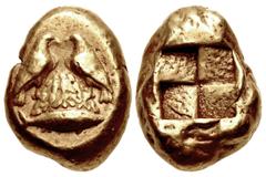 Greek MYSIA, Kyzikos. Circa 450-330 BC. EL Stater (15.5mm, 16.01 g). Two eagles standing facing each other on ornamented omphalos; below, tunny right / Quadripartite incuse square. Von Fritze I 220; G