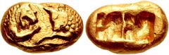 Greek KINGS of LYDIA. Kroisos. Circa 564/53-550/39 BC. AV Stater (19mm, 10.71 g). Heavy standard. Sardes mint. Prototype issue. Confronted foreparts of lion, with "sun" on forehead, and bull / Two inc