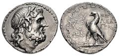 Greek CARIA, Antioch ad Maeandrum. Early-Mid 1st century BC. AR Tetradrachm (29mm, 15.87 g, 12h). Meleager, magistrate. Bearded head of Zeus right, wearing laurel wreath / Eagle, with closed wings, st