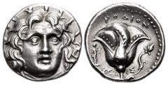 Greek ISLANDS off CARIA, Rhodos. Rhodes. Circa 229-205 BC. AR Didrachm (19mm, 6.51 g, 12h). Akesis, magistrate. Radiate head of Helios facing slightly right / Rose with bud to right; POΔION above; to 
