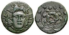 Greek ISLANDS off CARIA, Rhodos. Rhodes. Early 1st century AD. Æ (33mm, 22.72 g, 12h). Sosthenes, magistrate. Radaite head of Helios facing / Rose seen from above; PO above, ΣΩΣΘENHΣ below; all within