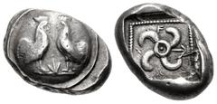 Greek DYNASTS of LYCIA. Teththiweibi. Circa 450-430/20 BC. AR Stater (19.5mm, 8.48 g). Shield decorated with two cocks standing confronted; monogram between / Tetraskeles; (TE)-TH-TH-I (in Lycian) clo