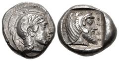 Greek DYNASTS of LYCIA. Kherei. Circa 410-390 BC. AR Stater (17.5mm, 8.49 g, 3h). Telebehi (Telmessos) mint. Head of Athena right, wearing crested Attic helmet decorated with spiral palmette and three