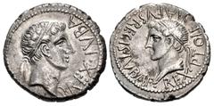 Greek KINGS of MAURETANIA. Juba II, with Ptolemy. 25 BC-AD 24. AR Denarius (18mm, 3.15 g, 8h). Caesarea mint. REX • IVBA, diademed head of Juba right, drapery on far shoulder / REX • PTOLEMAEVS • REGI