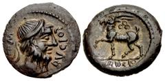 Celtic GAUL, Central. Uncertain tribe. Circa BC. Æ Unit (16mm, 2.27 g, 10h). Bearded head right, wearing diadem; COM to left, BVCIO(retrograde S) to right / Goat stepping left; three rings arranged in