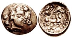 Celtic GAUL, Northwest. Baiocassi. Circa 100-50 BC. Pale AV Stater (23mm, 7.17 g, 9h). Celticized head right, hair flowing around; above, boar(?) standing right; ornament hanging to right / Celticized