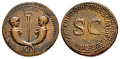 Roman Imperial Tiberius & Germanicus Gemellus. AD 19-37/8 and 19-23/4, respectively. Æ Sestertius (34mm, 26.56 g, 12h). Rome mint. Struck under Tiberius, AD 22-23. Crossed cornucopias, each surmounted