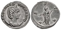 Roman Imperial Cornelia Supera. Augusta, AD 253. AR Antoninianus (20.5mm, 3.66 g, 12h). Rome mint. Struck under Aemilian. C CORNEL S VPERA AVG, draped bust right, wearing stephane, set on crescent / V