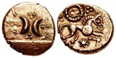 British CELTIC, Iceni. Uninscribed. Circa 65-1 BC. AV Stater (16mm, 5.44 g). Freckenham Crescents – Ring and Star type (Icenian B). Two crescents facing outward with row of pellets projecting from eac