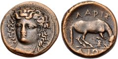 Greek THESSALY, Larissa. Circa 380-365 BC. Æ Dichalkon (17mm, 4.87 g, 5h). Head of the nymph Larissa facing slightly left, with hair in ampyx / Horse standing right, preparing to lie down; labrys belo