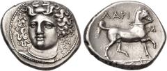 Greek THESSALY, Larissa. Circa 356-342 BC. AR Stater (26mm, 12.16 g, 5h). Head of the nymph Larissa facing slightly left, hair in ampyx, wearing single-pendant earring and necklace / Bridled horse pra