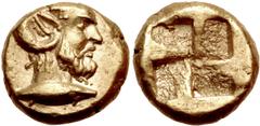 Greek MYSIA, Kyzikos. Circa 450-330 BC. EL Myshemihekte – Twenty-fourth Stater (7mm, 0.69 g). Head of Zeus-Ammon right; on neck truncation, tunny right / Quadripartite incuse square. Cf. Von Fritze I 