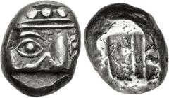 Greek LYCIA, Phaselis. Circa 530-500 BC. AR Stater (16mm, 11.07 g). Prow of galley left, terminating in a boar's forepart / Incuse square divided by two bands, with Λ-shaped feature in one section. He