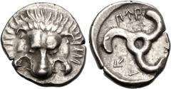 Greek DYNASTS of LYCIA. Perikles. Circa 380-360 BC. AR Third Stater (16mm, 2.80 g). Limyra mint(?). Lion scalp facing / Triskeles within incuse circle. Müseler VIII, 47–51; Falghera 217; SNG Copenhage