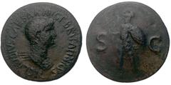 Roman Imperial Britannicus. AD 41-55. Æ Sestertius (35.5mm, 25.74 g, 6h). Uncertain Balkan/Thracian mint. Struck under Claudius, AD 50-54. Bare-headed and draped bust right / Mars advancing left, hold