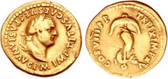 Roman Imperial Titus. AD 79-81. AV Aureus (20mm, 7.03 g, 12h). Rome mint. Struck 1 January-30 June AD 80. IMP TITVS CΛES VESPΛSIΛN ΛVG P M, laureate head right / TR P IX IMP XV COS VIII P P, dolphin c