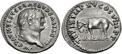 Roman Imperial Titus. AD 79-81. AR Denarius (19.5mm, 3.34 g, 6h). Rome mint. Struck 1 January-30 June AD 80. IMP TITVS CAES VESPASIAN AVG P M •, laureate head right / TR P IX IMP XV COS VIII P P, elep