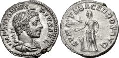 Roman Imperial Elagabalus. AD 218-222. AR Denarius (18mm, 4.05 g, 5h). Rome mint. Struck AD 221-222. Laureate and draped bust right, wearing horn and beard / SVMMVS SACERDOS AVG, Elagabalus standing l
