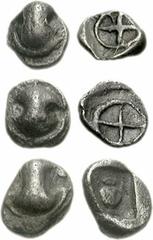 BOEOTIA, Thebes. Circa 480-460 BC. Lot of three AR Tetartemoria. All coins with Boeotian shield obverse. Reverse varieties: a) q in large shallow incuse square. BCD Boiotia 361 // b) same // c) amphor