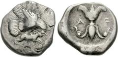 ELIS, Olympia. 83rd-85th Olympiad. 448-440 BC. AR Stater (11.61 g, 2h). Eagle flying right, grasping hare with talons and beak / Thunderbolt with wings below and volutes above; all within incuse circl