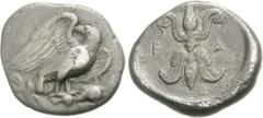 ELIS, Olympia. 87th-90th Olympiad. 432-420 BC. AR Stater (11.45 g, 5h). Eagle standing right on laurel branch, head left, with wings spread / Thunderbolt with wings below and volutes above; all within