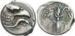 ELIS, Olympia. 95th Olympiad. 400 BC. AR Drachm (6.12 g, 10h). Head of eagle right; lizard to right, uncertain c/m at right edge / Thunderbolt with volutes above, upon which are olive leaves, and flam
